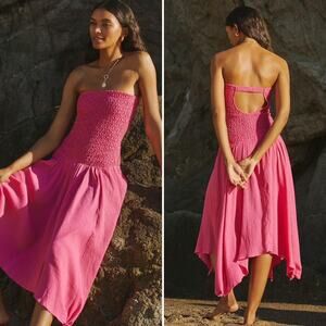 By Anthropologie Strapless Smocked Cover-Up Dress in Pink Size Small New